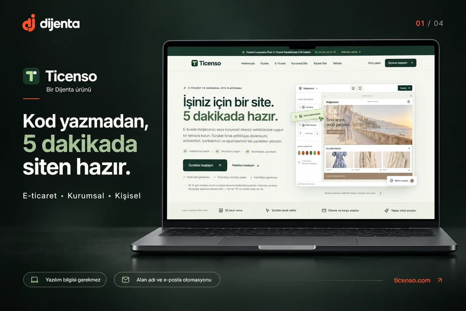 Ticenso home page: launching a website in minutes without code