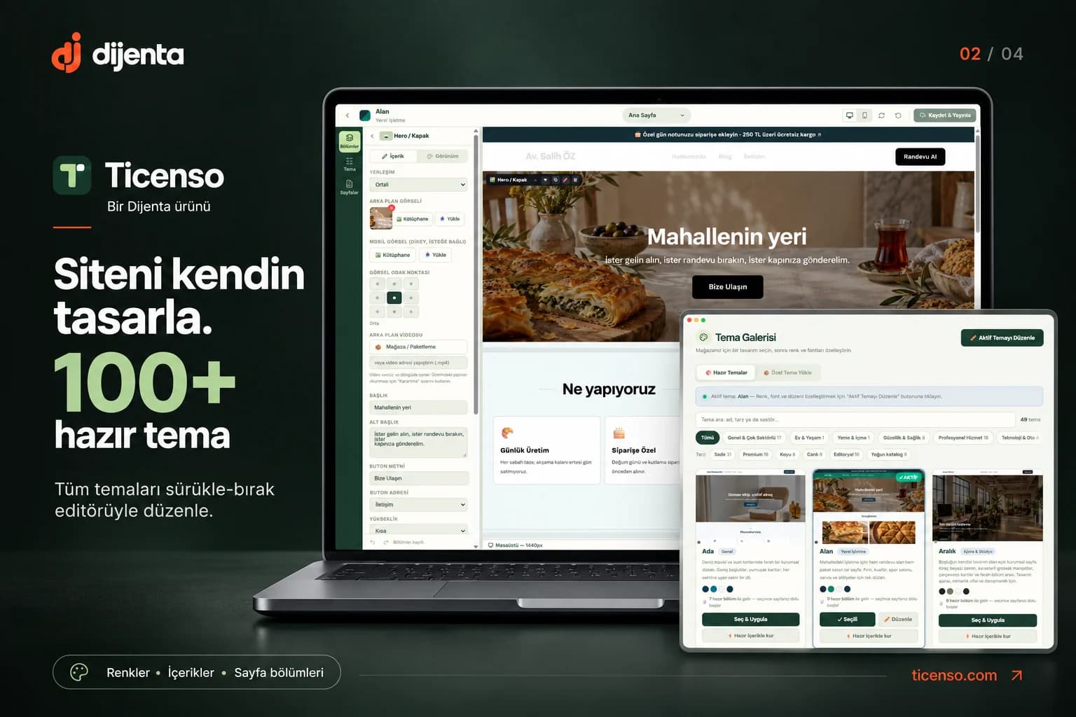 Ticenso theme gallery and drag-and-drop editor