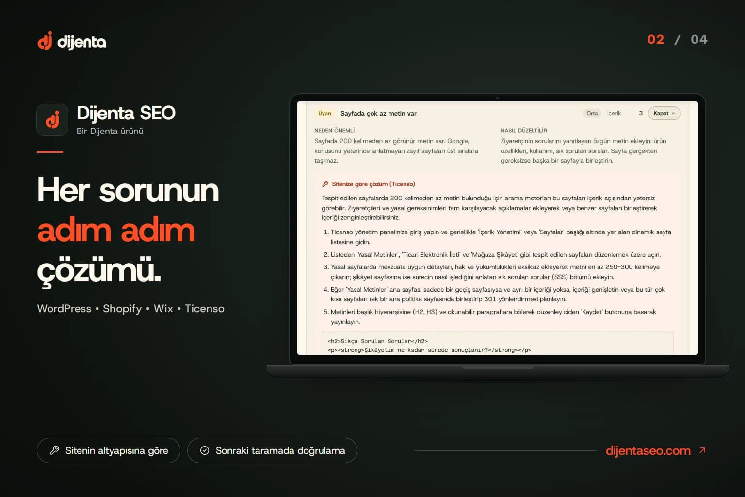 Dijenta SEO issue detail (Turkish interface): too little text on the page, why it matters and a step-by-step fix for Ticenso